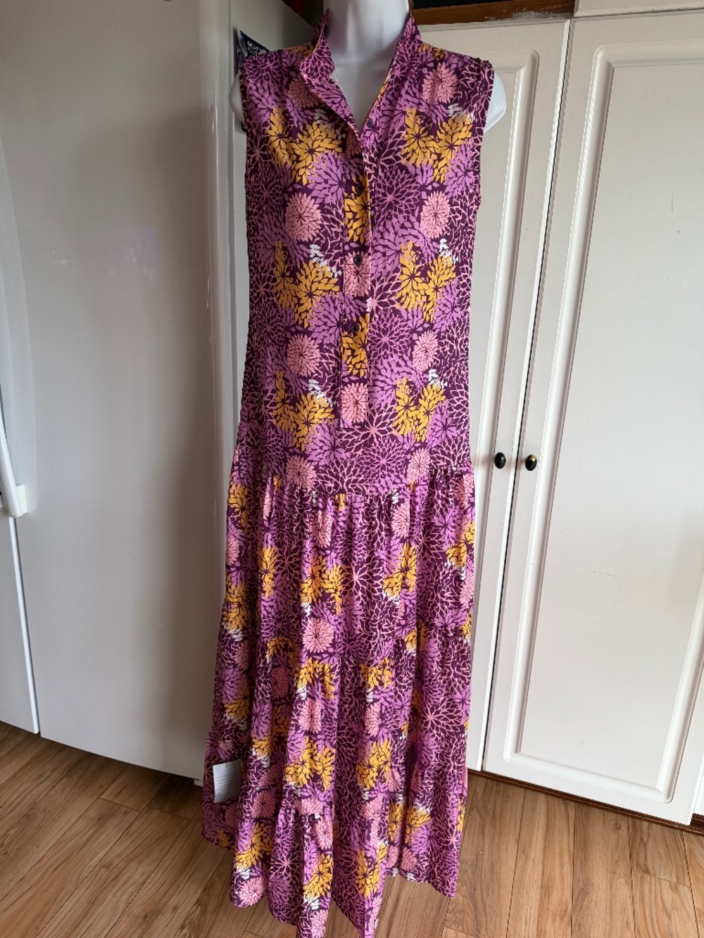 New Area Stars Cari Dropwst Maxi Dress Vibrant Purple Yellow Tiered Ruffle Hem S